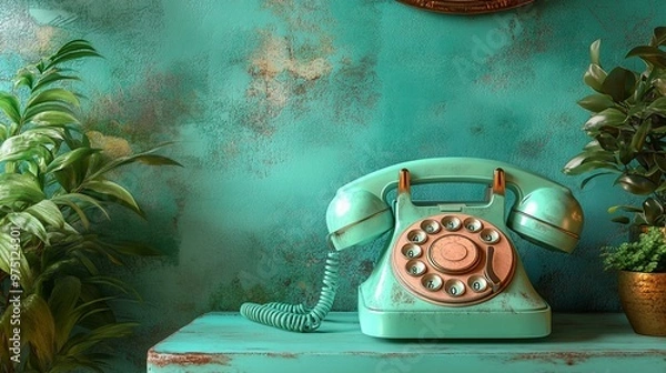 Fototapeta the Retro telephone on a table with a mint green background, evoking a nostalgic and classic aesthetic.