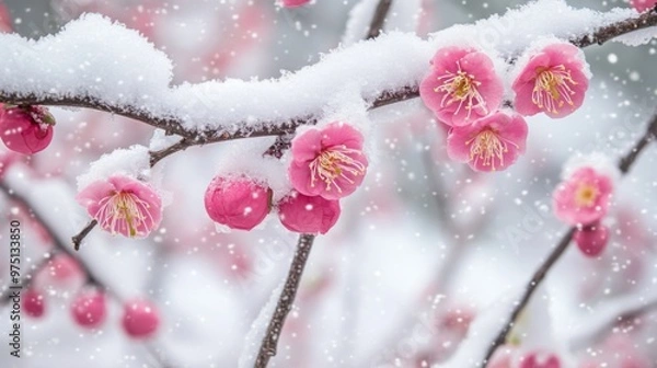 Obraz Pink Blossoms Covered in Snow During a Winter Snowfall