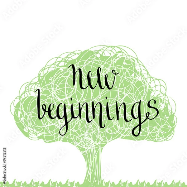 Obraz Handwritten phrase - new beginning. Handdrawn lettering design. Eco tree silhouette. Vector illustration.