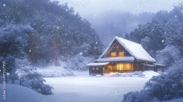 Fototapeta Snowy Cabin in the Woods with Glowing Windows