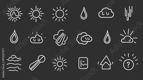 Fototapeta   A black background with white icons for sun, clouds, rain, and thermometer representing weather conditions