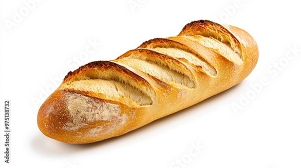 Fototapeta   A single loaf of bread sits atop a white table, with a separate slice positioned beside it