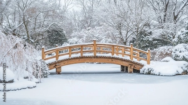 Obraz Wooden Bridge Over a Frozen Pond in a Snowy Forest
