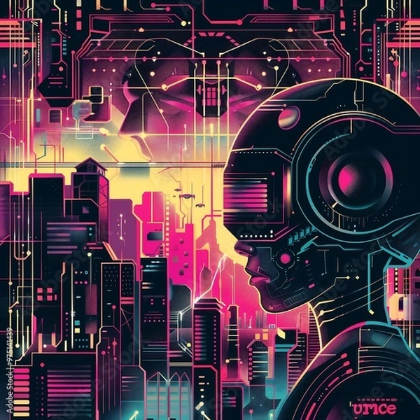 Fototapeta Cyberpunk Cityscape with Futuristic Robot Silhouette and Flying Cars