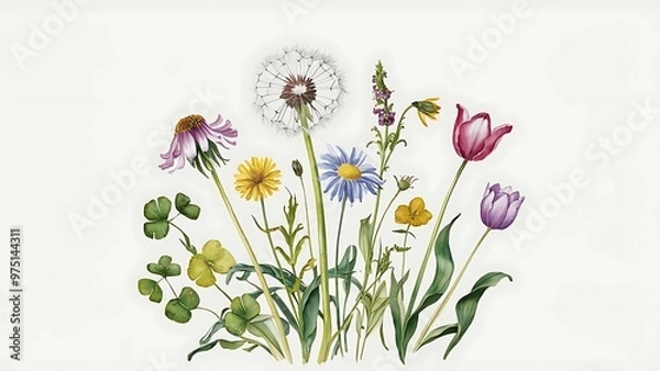 Fototapeta Set of watercolor summer wildflowers: dandelion, cornflower, clover, tulip; hand painted isolated illustrations on a white background