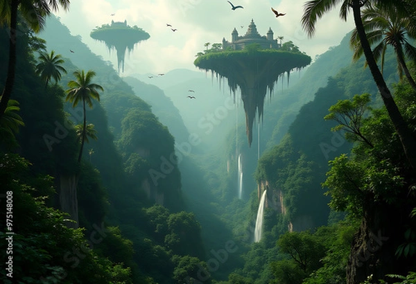 Fototapeta Ethereal Isles: A Jungle Symphony.A fantastical view of floating islands 