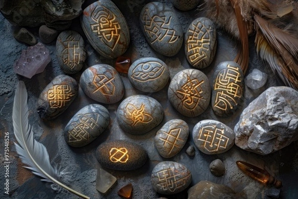 Fototapeta Mystical celtic runes on stones with feathers and crystals in warm light AI
