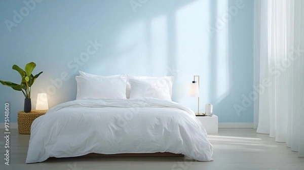 Obraz Minimalist bedroom interior with wooden bed frame, white bedding, and sunlight streaming through window.