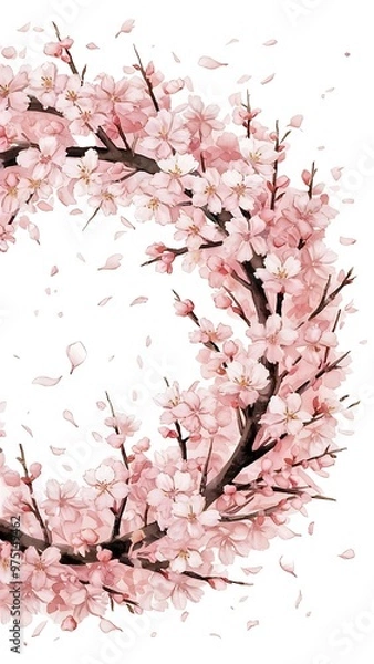 Fototapeta Watercolor spring blooming cherry tree branches wreath, hand painted on a white background