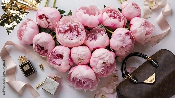 Obraz Pink peony flowers as floral art background, botanical flatlay and luxury branding design