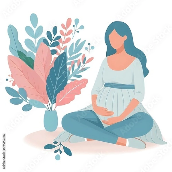 Fototapeta flat-style illustration of a pregnant woman standing gracefully, surrounded by soft leaves. Ideal for maternity, wellness, and nature-themed designs. Simple, elegant, and calming composition.