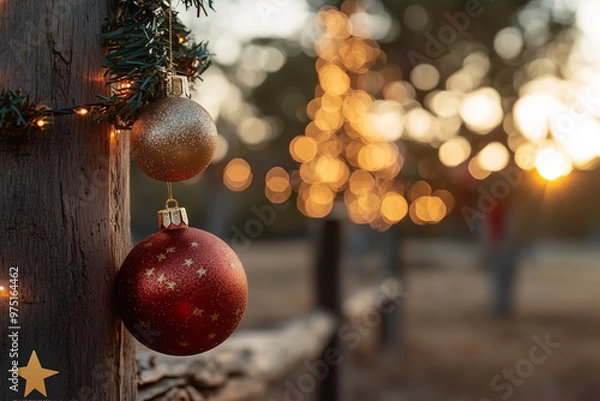 Obraz Outback Australian Christmas scene features festive decorations under soft daylight, blending holiday cheer with the rugged, sunlit landscape