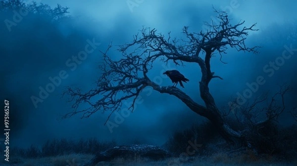 Fototapeta A lone crow perches on a bare tree branch in a foggy, mysterious landscape at dusk.