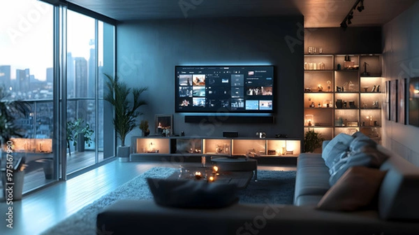 Fototapeta Modern Living Room Interior Design with City View 3D Illustration
