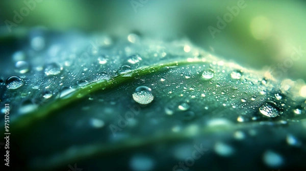 Fototapeta Macro Photograph of Water Droplets on Green Leaf