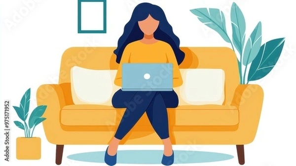 Fototapeta Woman Working On Laptop From Home On Yellow Couch