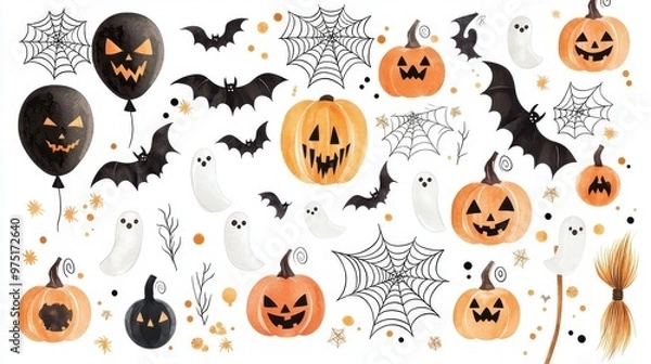 Fototapeta Watercolor Halloween Pumpkin  Ghost  Bat  Spider Web Clip Art Set