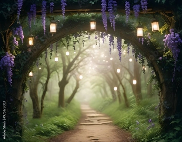 Obraz A magical forest path with a glowing archway
