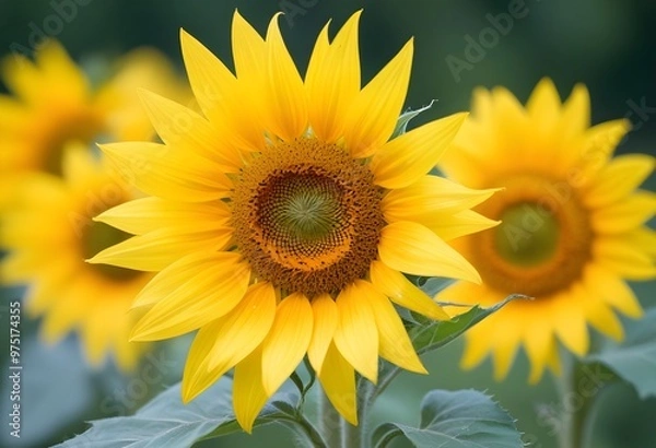 Fototapeta A vibrant yellow sunflower with its petals fully open, set against a blurred green background