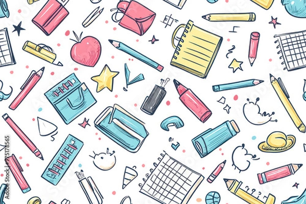 Obraz Back to school doodle seamless pattern. Hand drawn background with school supplies and creative elements.