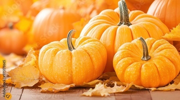Obraz Autumn Pumpkins with Fall Leaves on Wooden Table