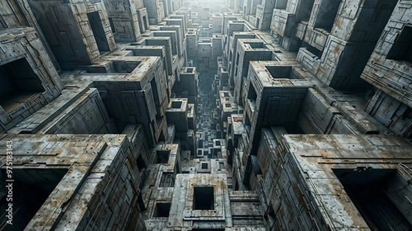 Fototapeta Futuristic Industrial Architecture with Geometric Concrete Structures and Depth