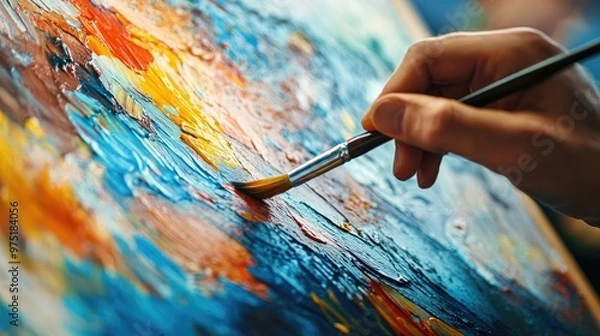 Fototapeta Close-up of an artist hands painting on a canvas with vibrant colors and brushstrokes