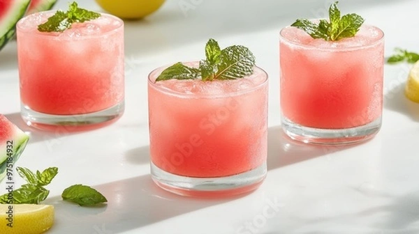 Fototapeta Refreshing Watermelon Mint Lemonade in Glass on White Background