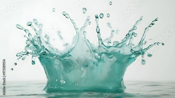 Fototapeta 55. **An artistic 3D depiction of a water splash in varying shades of teal and aqua, with droplets, set against a pristine white background