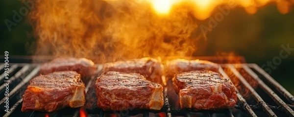 Fototapeta Smoke rising from a charcoal grill with dryaged steaks, with a sunset in the background, conveying a classic barbecue scene