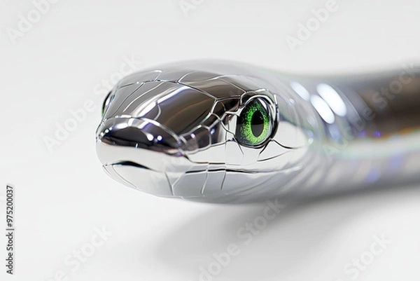 Fototapeta A modern and sleek digital illustration of a snake with a smooth metallic finish coiled in a spiral representing renewal with silver and emerald green accents