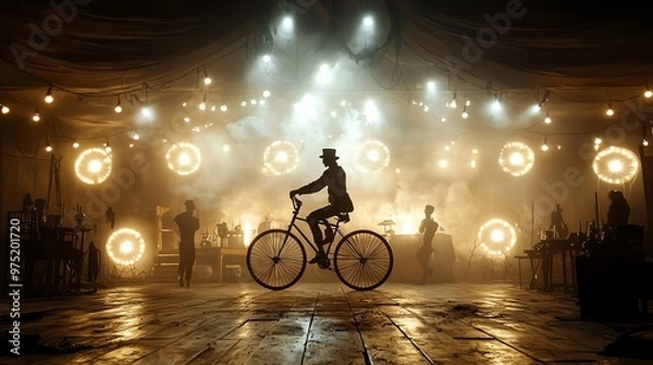 Fototapeta Haunted unicycle act in a foggy circus tent, eerie atmosphere, 3D illustration