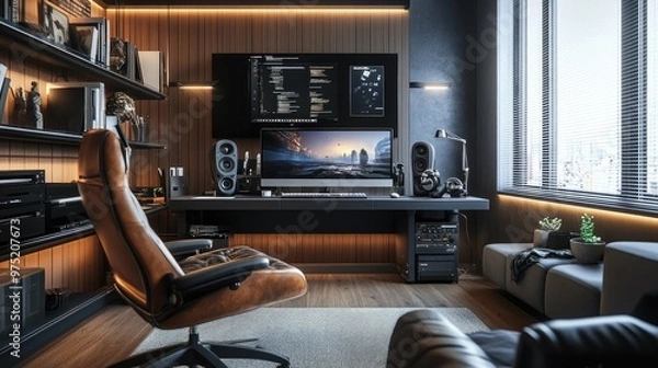 Fototapeta Sophisticated home office with ergonomic furniture, large monitor, and a sleek design