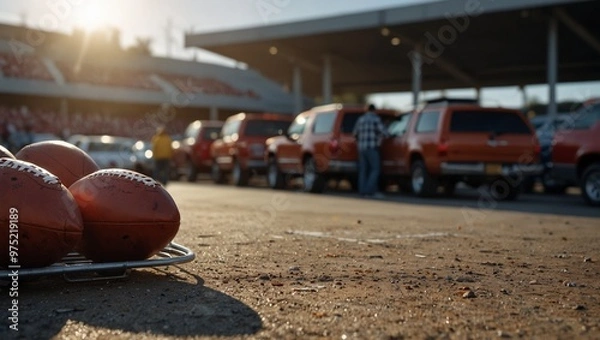 Obraz Footballs on the ground in a stadium parking lot with sunlight.