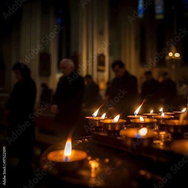 Fototapeta  A peaceful moment of prayer, with candles lighting the way, beautifully captured in a long-exposure shot