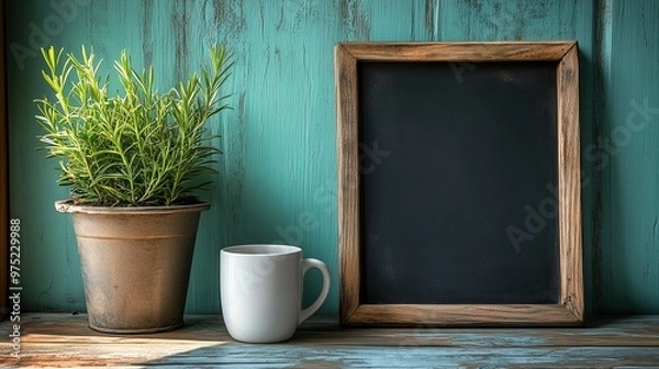 Fototapeta A cozy and simple scene with a wooden-framed chalkboard, a white coffee cup, and a green plant on a wooden table. Perfect for illustrating home decor, workspaces, and and creativity.