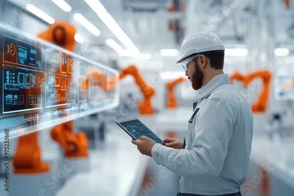 Obraz Very realistic and photographic photo of an engineer with a tablet in a sleek factory, surrounded by futuristic holographic displays showing detailed automation dashboards. The polished and