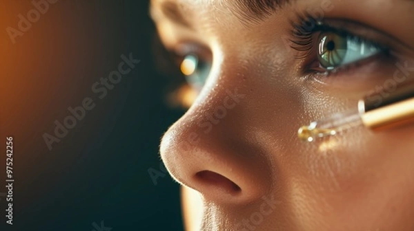 Obraz Caucasian Woman Applying Hyaluronic Acid Serum, Enriched with Vitamin C and Niacinamide for Hydration and Radiant Skin.