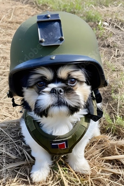 Fototapeta Shih Tzu dog in world war 3 wearing protection armor. survival for fittest. Generative AI