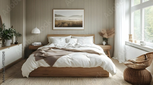 Fototapeta A cozy bedroom with a white bed, brown blanket, wooden bedside tables, and a large window with natural light. The walls are beige and there is a framed landscape picture above the headboard.