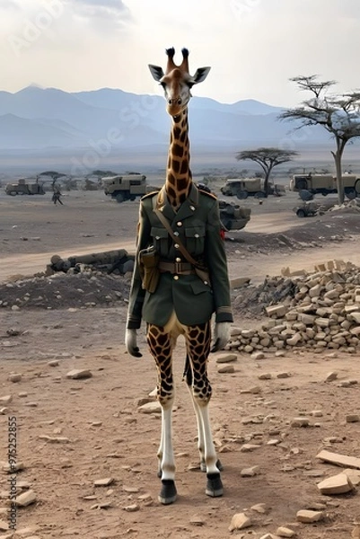 Fototapeta A giraffe dressed in military uniform stands in a desert landscape. Generative AI.