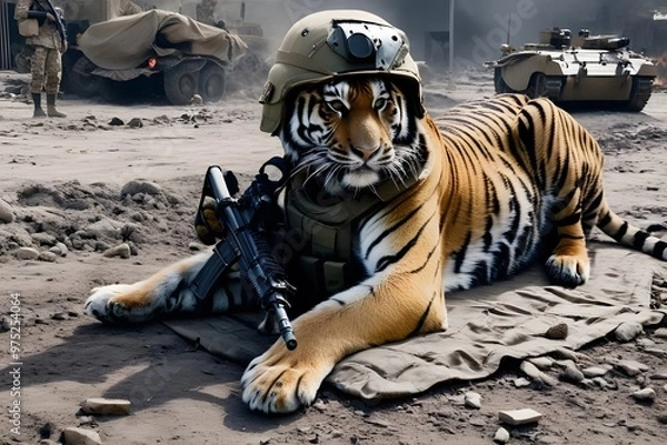 Fototapeta Tiger and gun in world war 3 wearing protection armor. survival for fittest. Generative AI