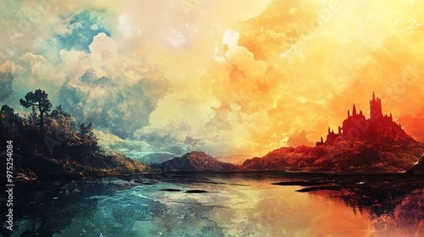 Obraz A Silhouetted Castle on a Hillside with a Lake and a Colorful Sunset Sky