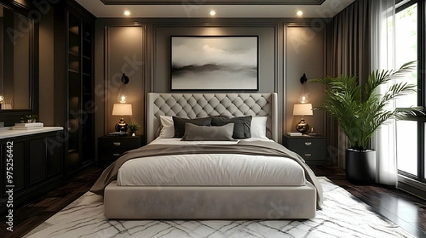 Fototapeta A luxurious modern bedroom with a king-size bed, a large painting on the wall, a plant in the corner, and a rug on the floor.