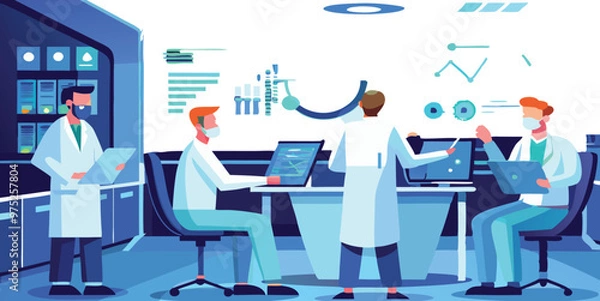Fototapeta Scientists working in a modern laboratory. Three researchers collaborate using computers and analyzing data displayed on screens and whiteboards.