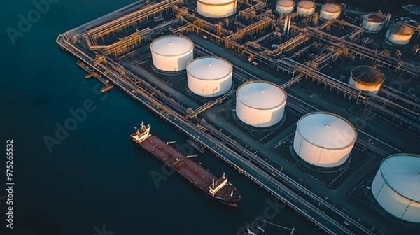 Fototapeta Aerial view of a large oil terminal with multiple storage tanks and a tanker ship docked at the pier.