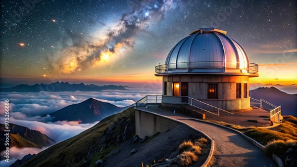 Obraz Celestial observatory atop a mountain peak with glowing domed roof, ideal for stargazing and dreaming