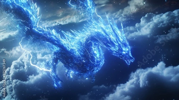 Fototapeta A dragon made of glowing blue crystals soars among white clouds, its body crackling with lightning, casting neon reflections in the stormy sky