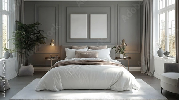 Fototapeta A modern bedroom with a king-sized bed, white bedding, and two framed prints on the wall, with a side table, lamps, and a potted plant.