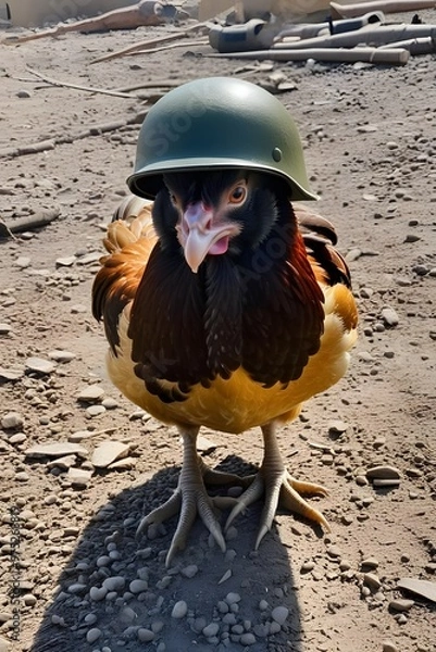 Fototapeta chicken in world war 3 wearing protection armor. survival for fittest. Generative AI